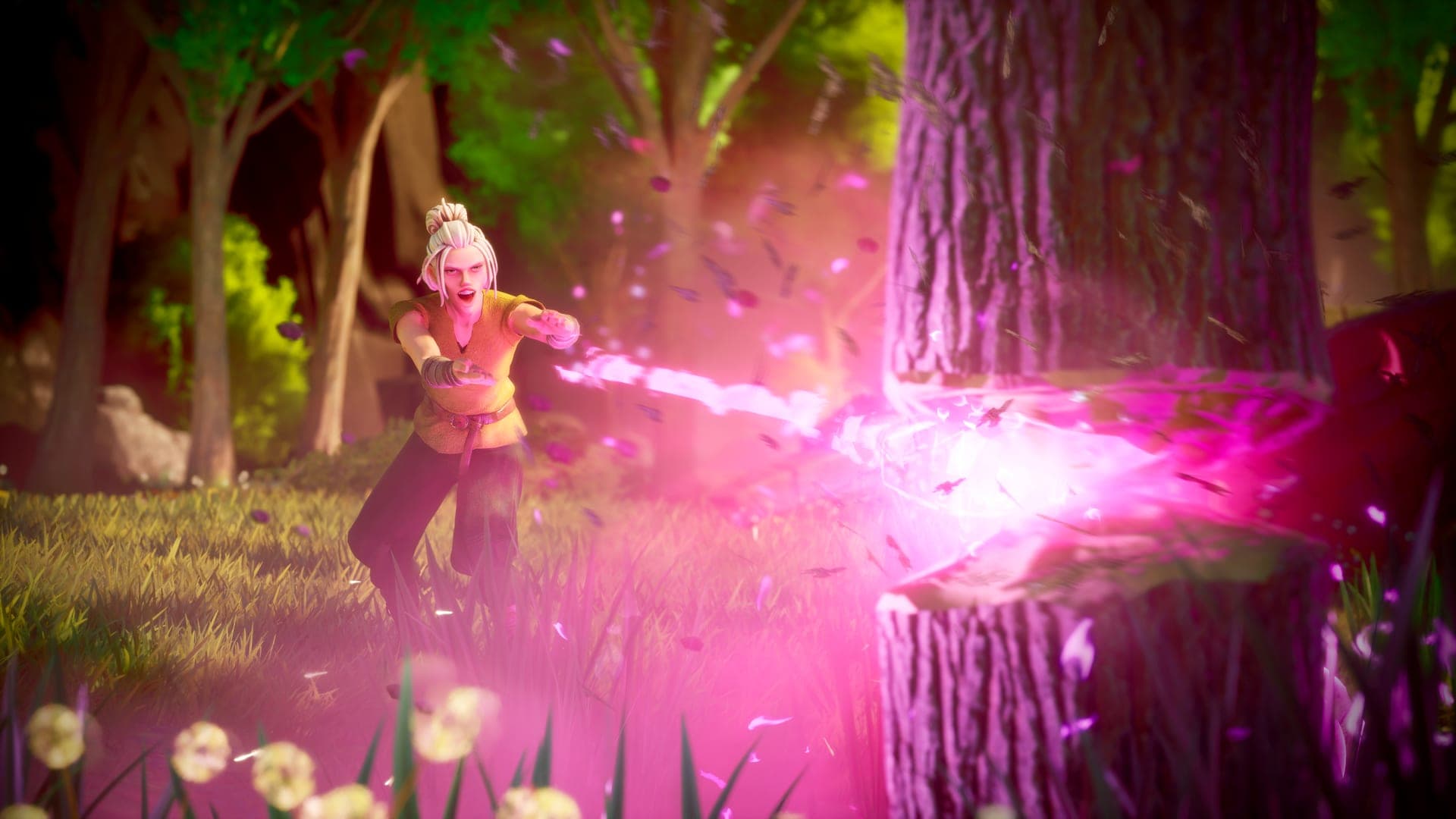 Una jugadora lanza Axtral Projection, un hacha astral rosa que tala el árbol de golpe, captura oficial de RuneScape: Dragonwilds