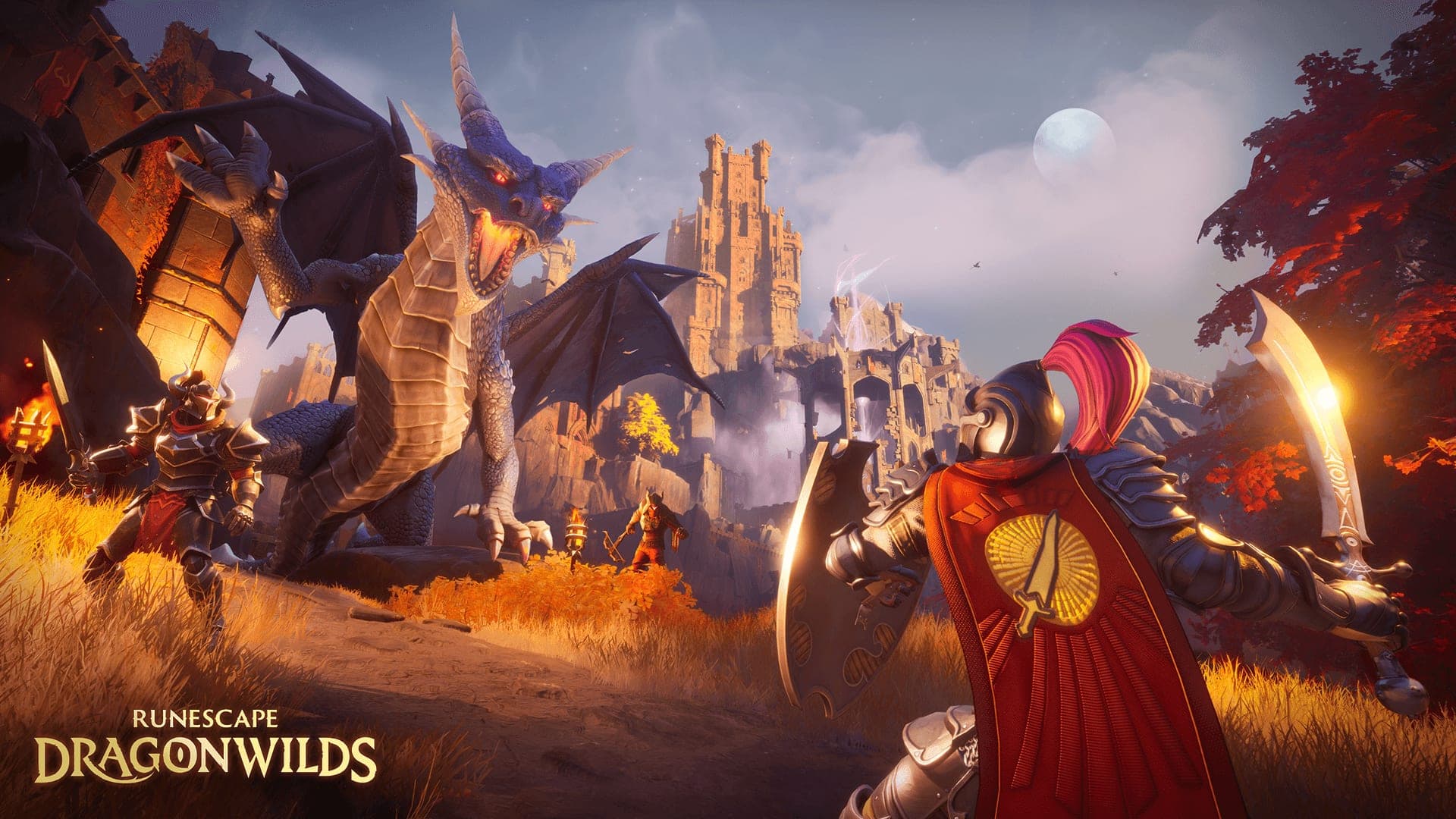 Un jugador con cimitarra planta cara a un dragón azul junto a una torre en ruinas al atardecer, captura oficial de RuneScape: Dragonwilds