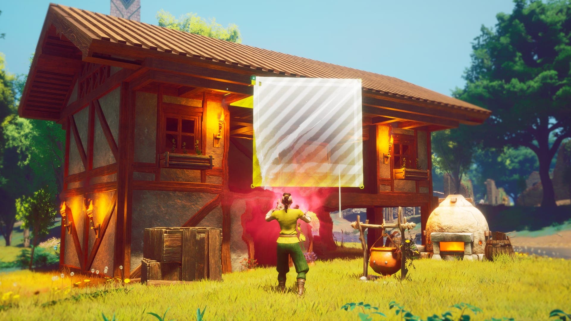 Un jugador coloca una pieza de pared, en silueta a rayas, en una casa de madera y piedra, captura oficial de RuneScape: Dragonwilds