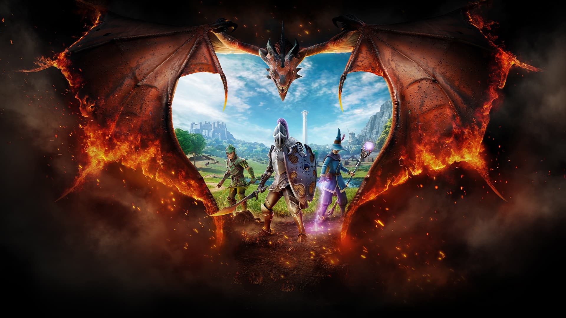 Arte principal de RuneScape: Dragonwilds: un dragón de fuego enmarca a los cuatro aventureros sobre Ashenfall