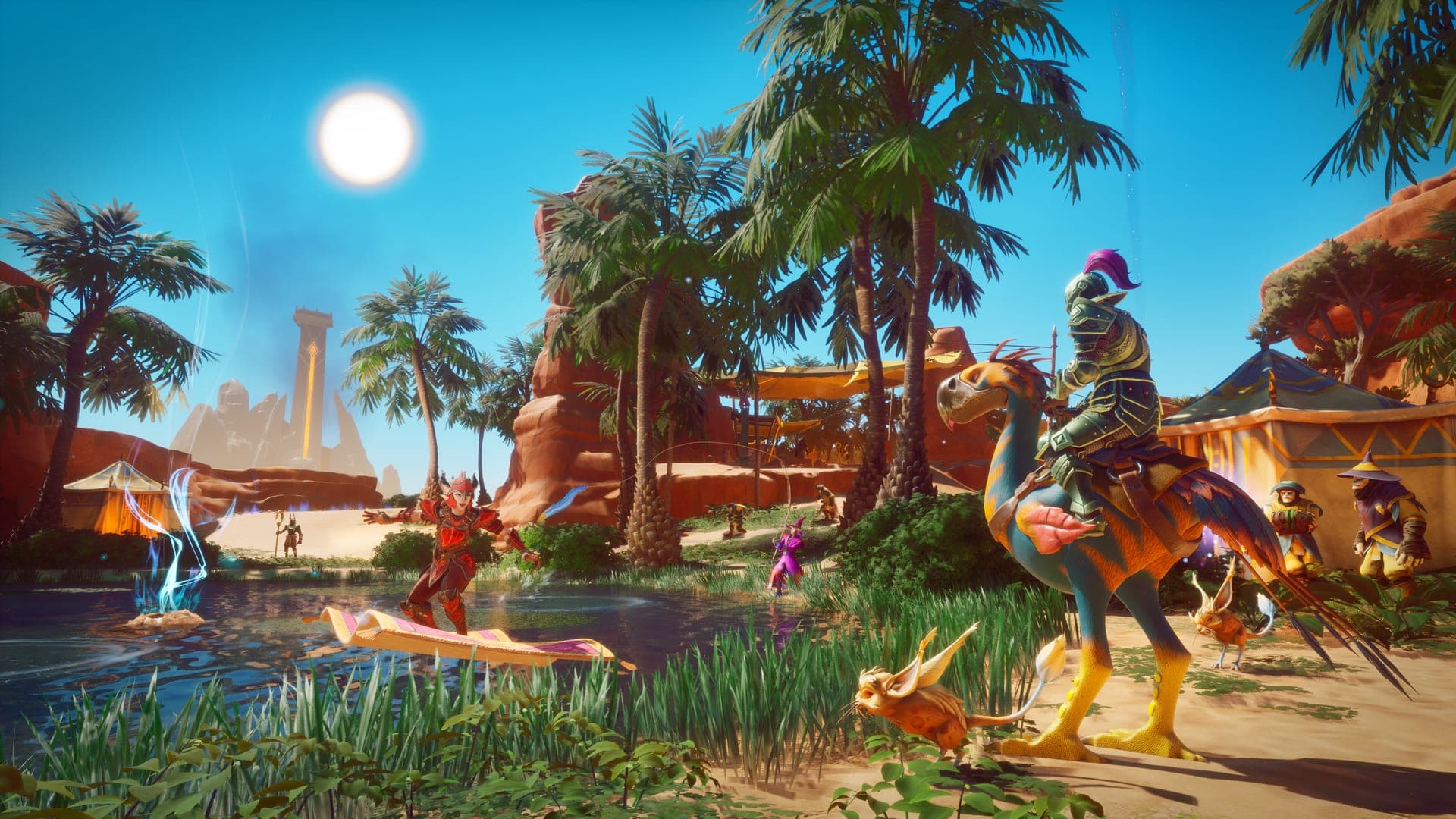 Un oasis con palmeras en Umbral Sands, un jugador a lomos de una montura y la aguja del desierto al fondo, captura oficial de RuneScape: Dragonwilds