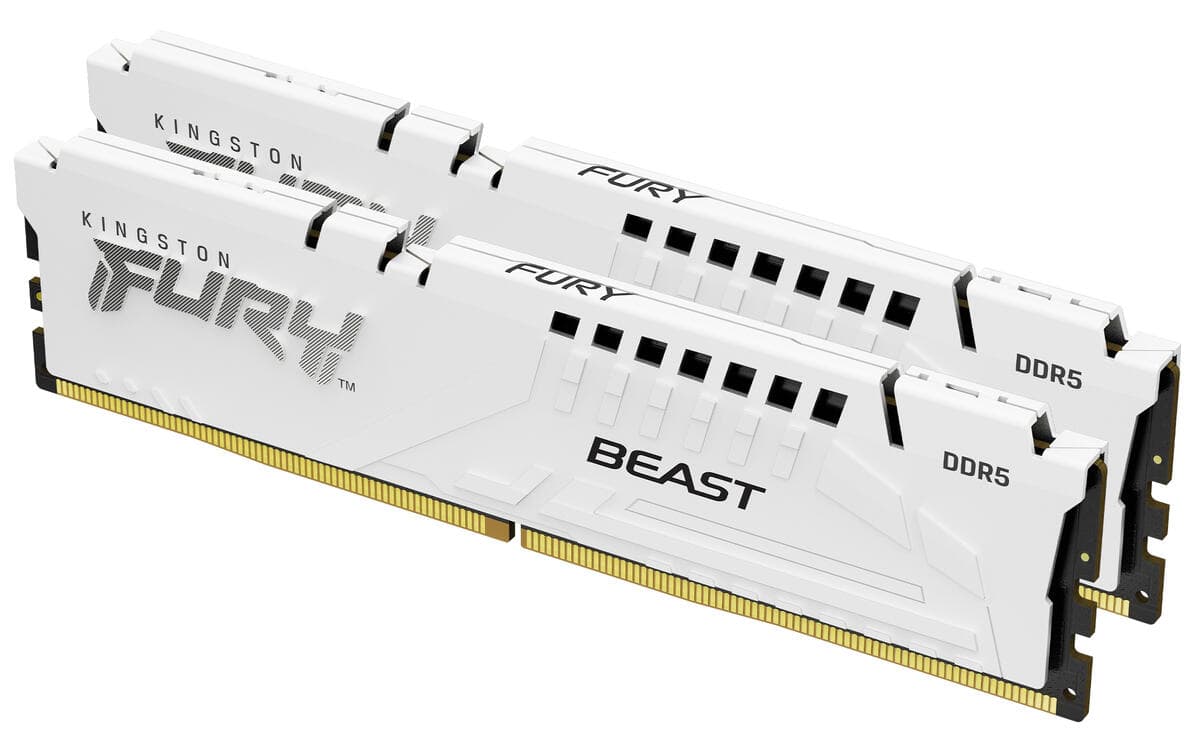 Kit de dos módulos Kingston FURY Beast DDR5 blancos, de frente, sobre fondo blanco