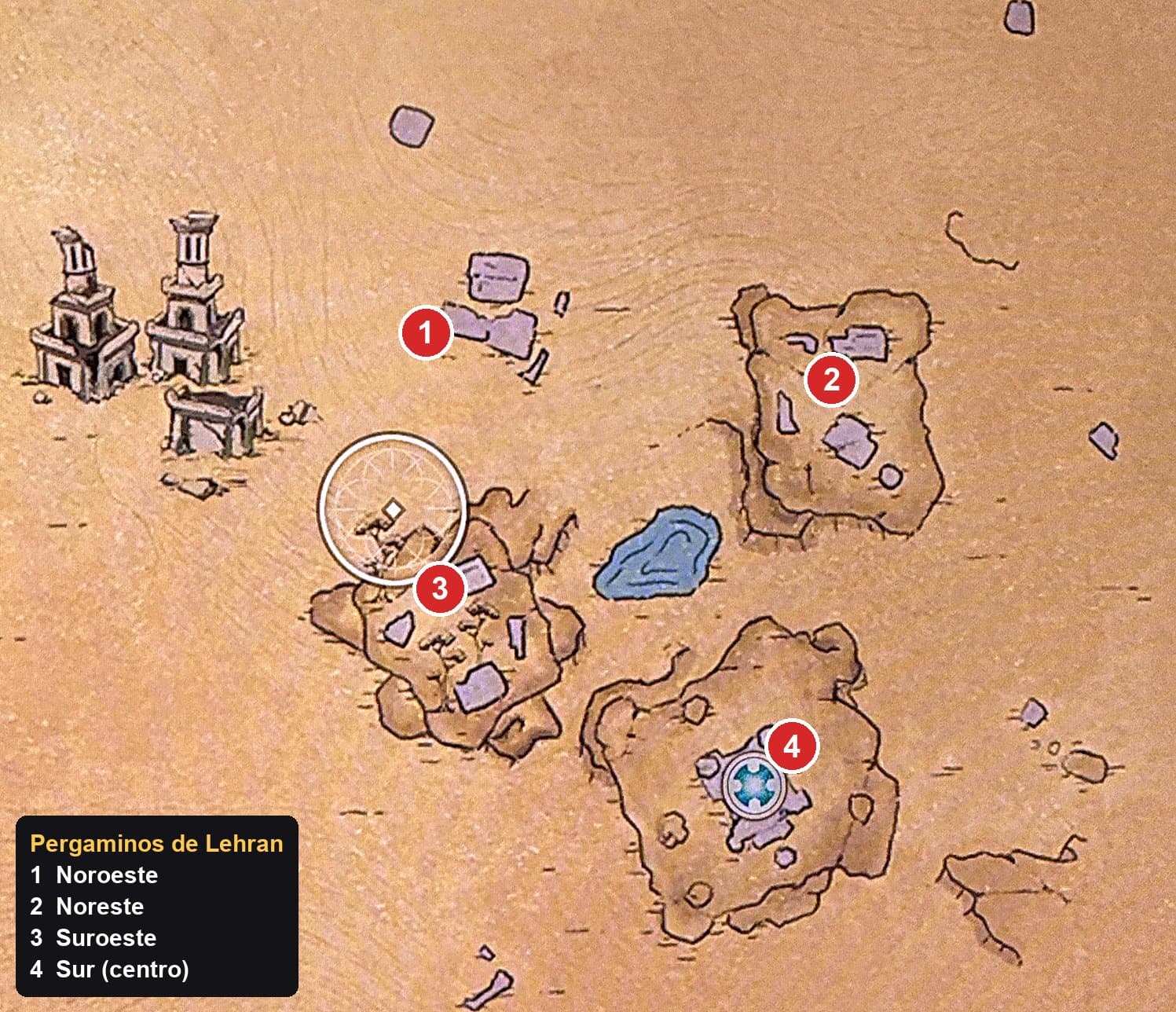 Mapa del juego con las ruinas de El yacimiento y los cuatro pergaminos marcados: 1 en los escombros del noroeste, 2 en la ruina noreste, 3 en la ruina al oeste del estanque y 4 en el centro de la ruina sur