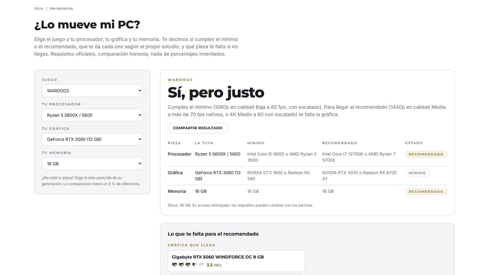 Captura del comprobador ¿Lo mueve mi PC? de NExRYG, con los selectores de juego, procesador, gráfica y memoria y el resultado de la comparación