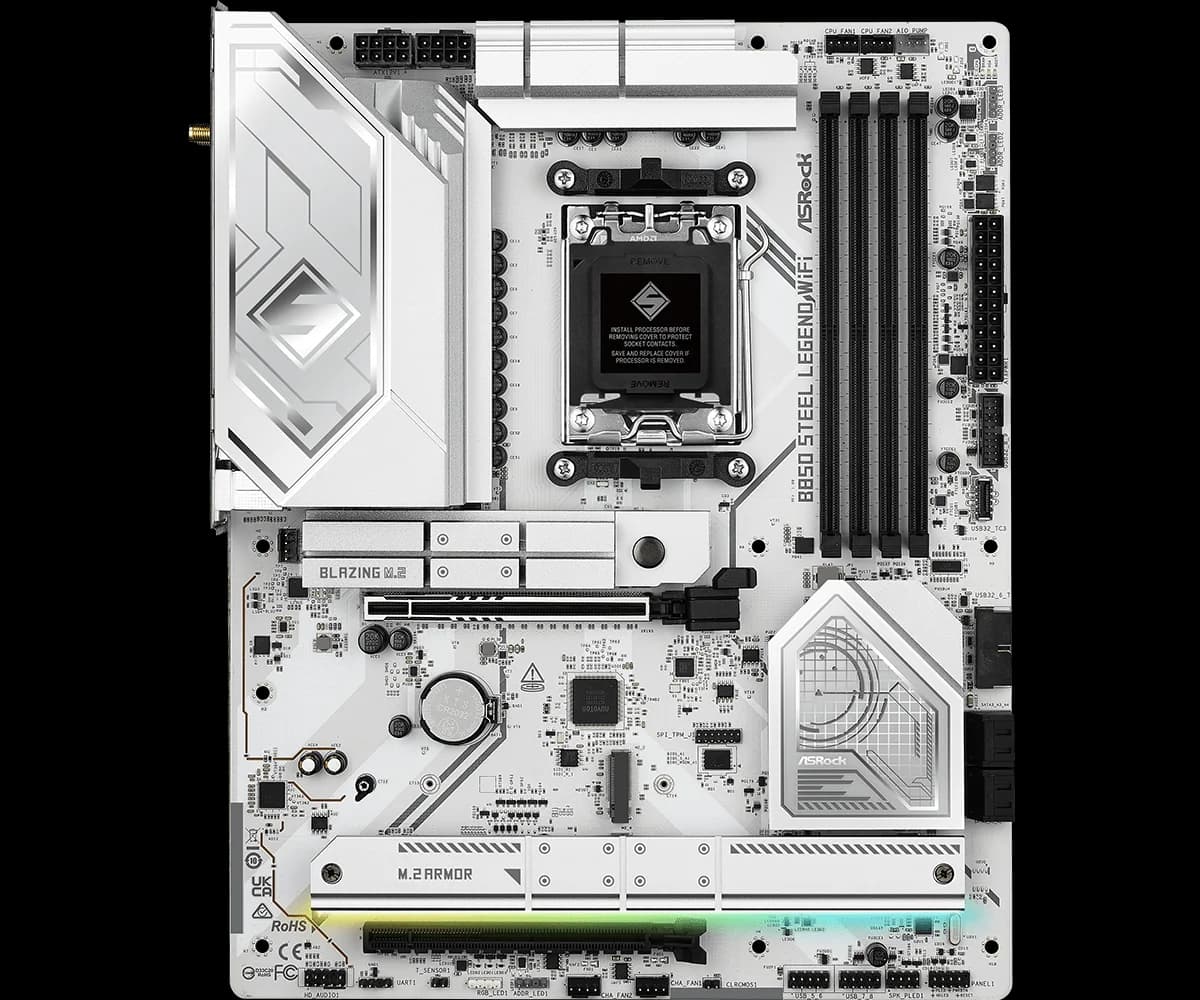 Placa base ASRock B850 Steel Legend WiFi blanca, vista de frente