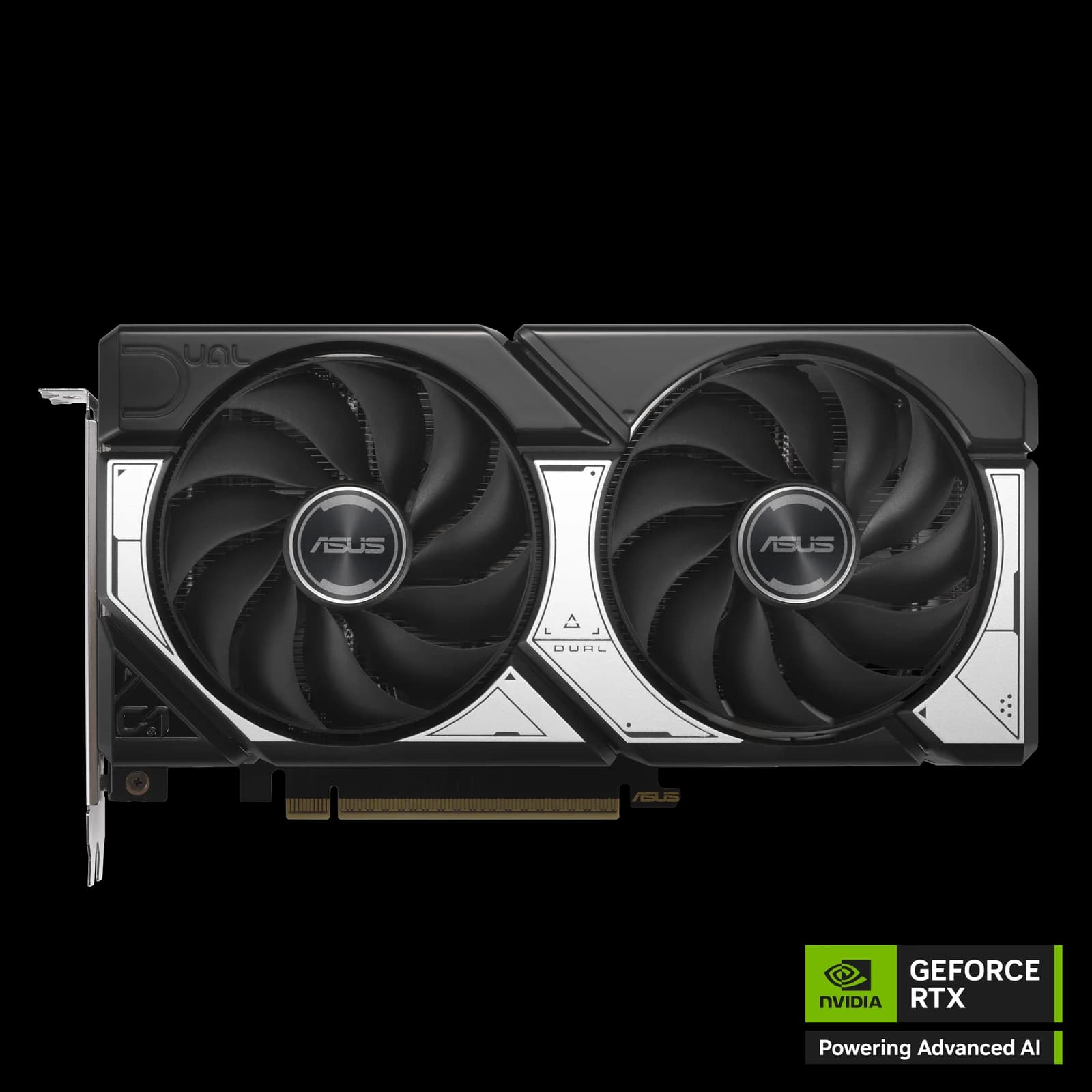 Tarjeta gráfica ASUS Dual GeForce RTX 5060 Ti OC de 16 GB, vista frontal con sus dos ventiladores