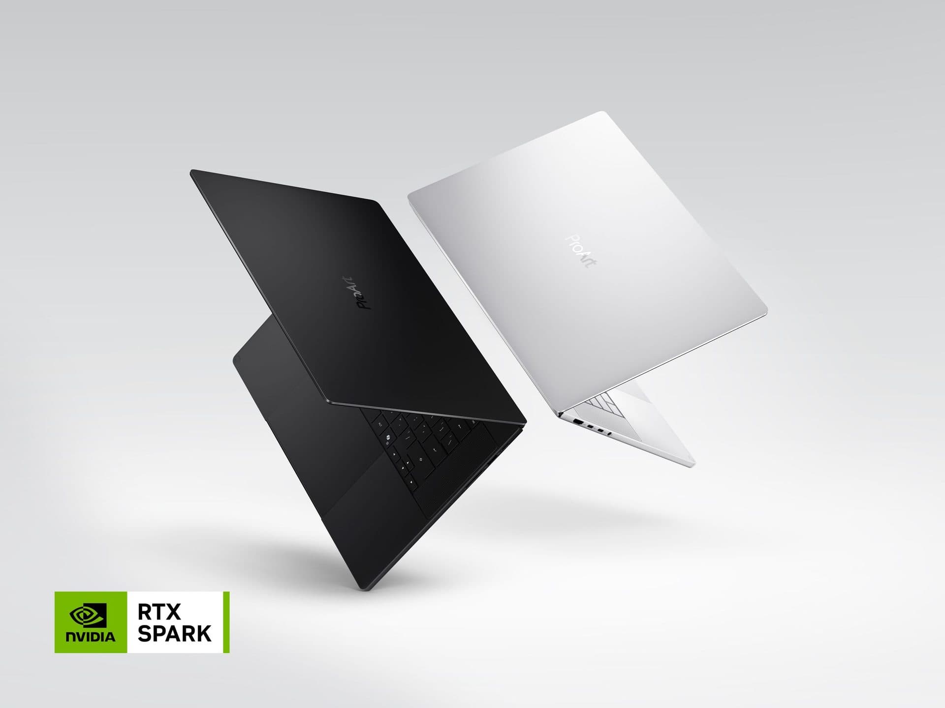 ASUS ProArt P14 en negro y ProArt P16 en blanco, con la insignia NVIDIA RTX Spark