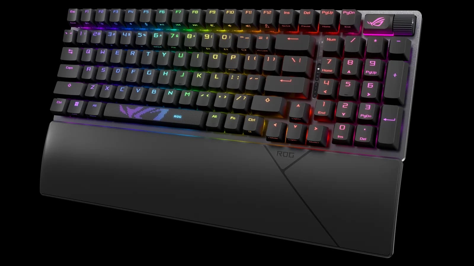 Teclado ASUS ROG Strix Scope II 96 Wireless en perspectiva, con reposamuñecas y retroiluminación RGB encendida