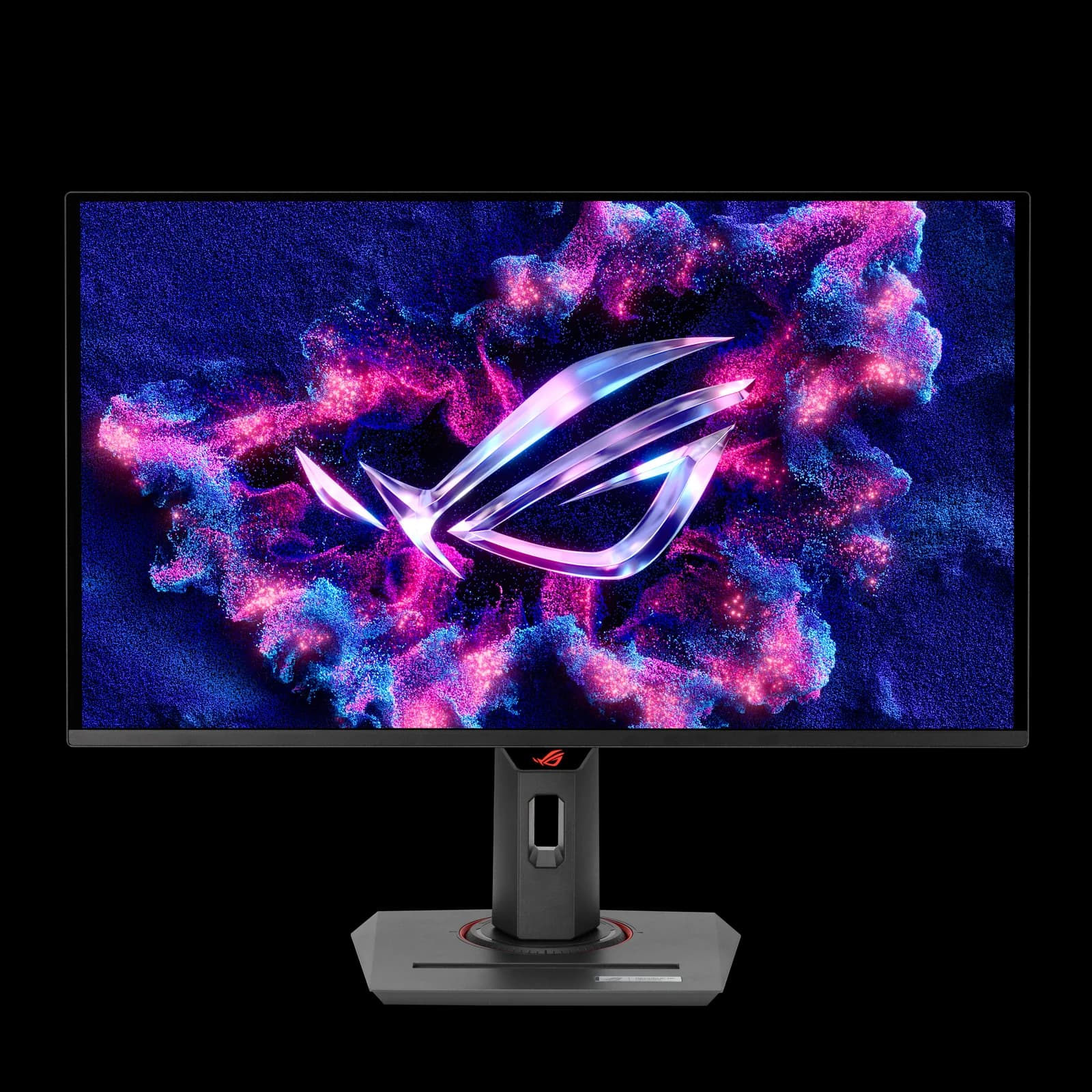 Monitor ASUS ROG Strix OLED XG27ACDNG de frente, con el fondo de pantalla de ROG y su peana