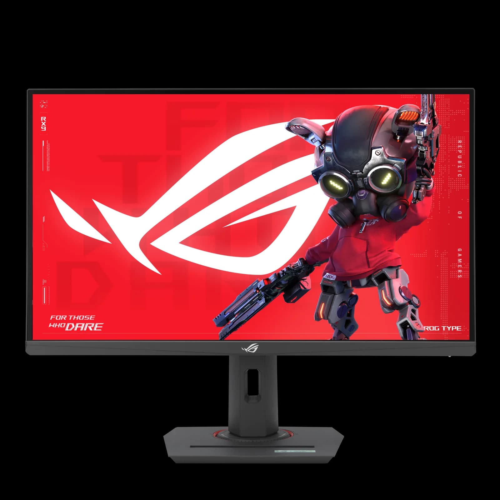 Monitor ASUS ROG Strix XG27ACS de frente, con su peana