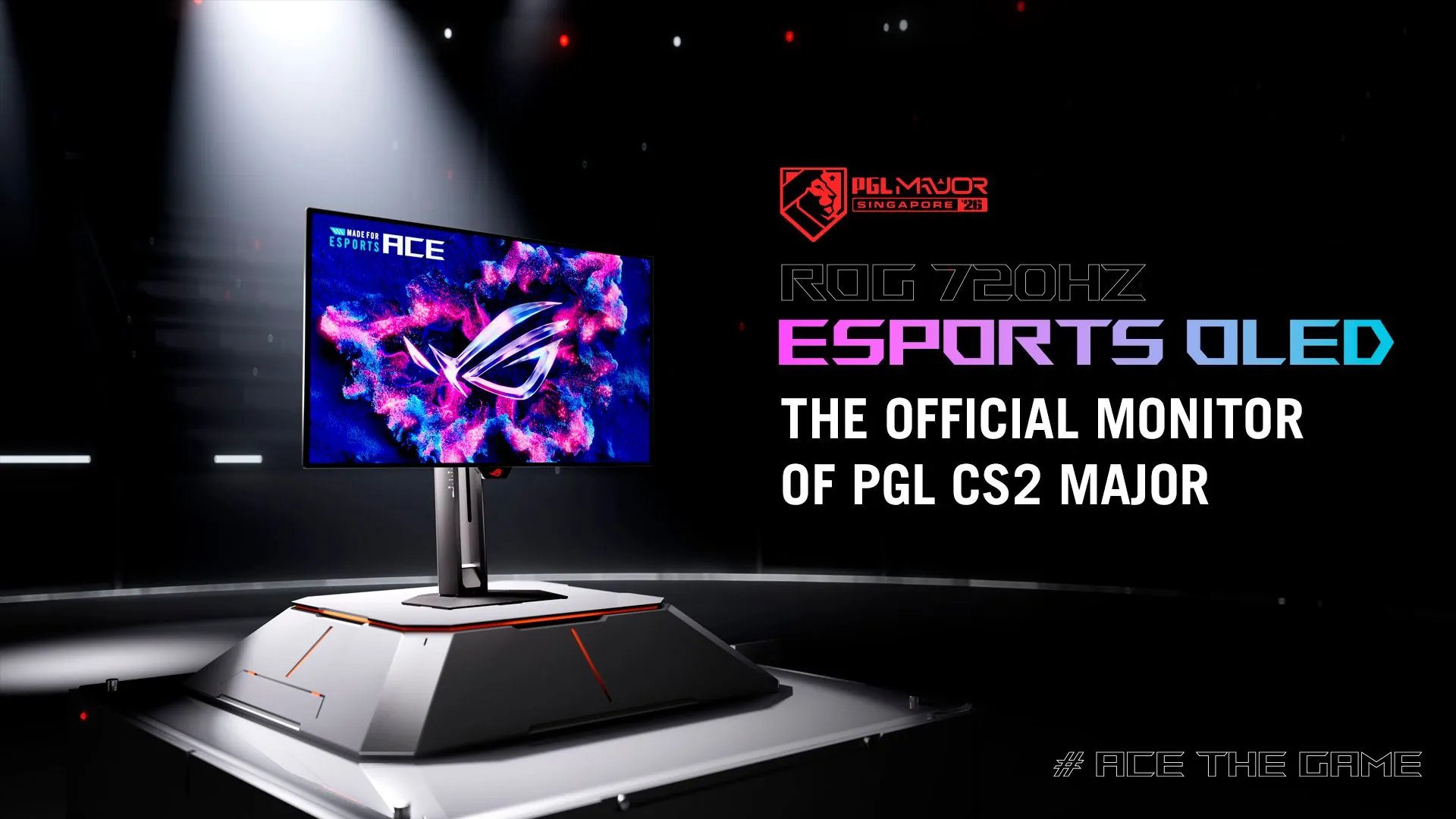 Monitor ASUS ROG Swift OLED PG259QWS Ace sobre un escenario, con el texto ROG 720Hz Esports OLED, imagen oficial de ASUS