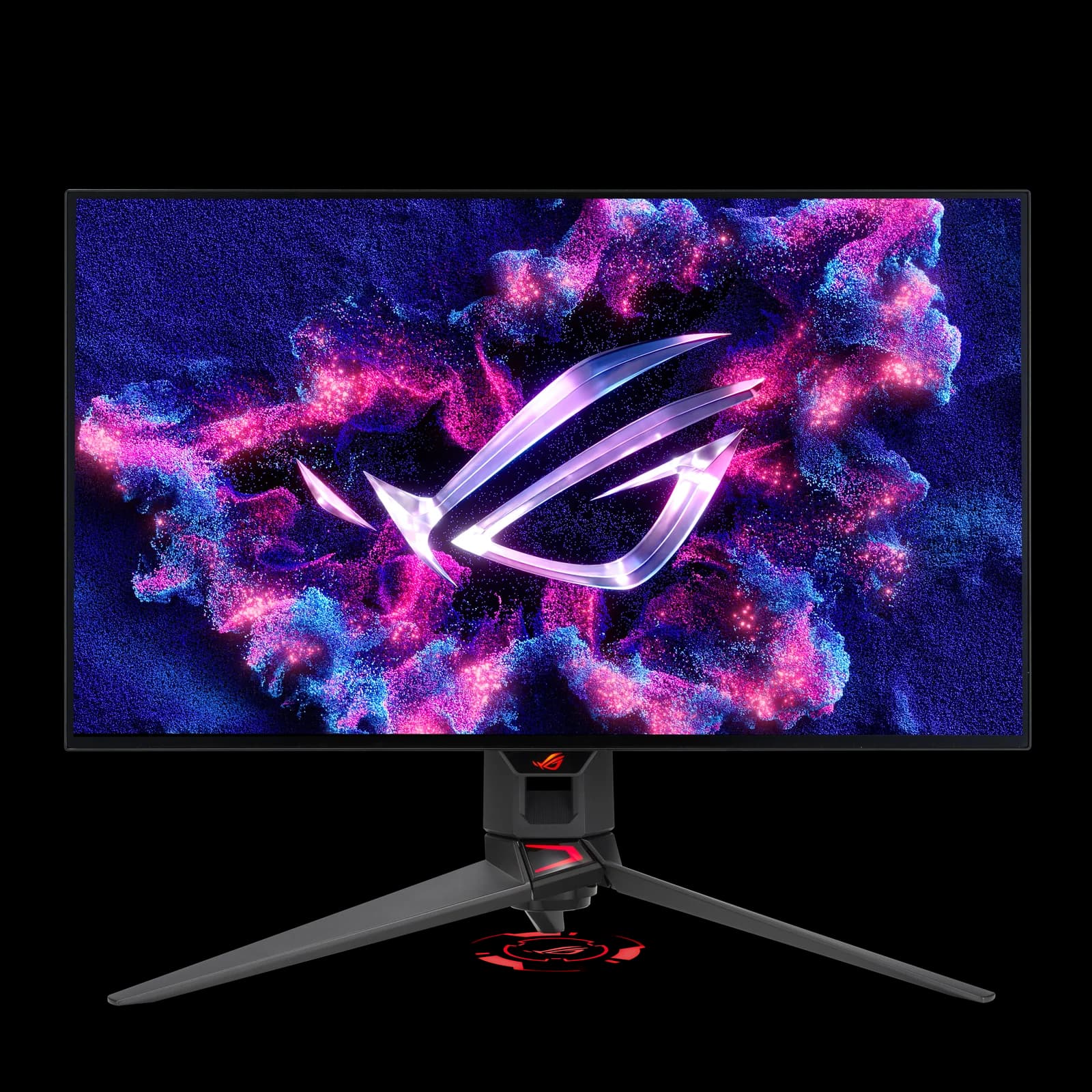 Monitor ASUS ROG Swift OLED PG27AQDP de frente, con el fondo de pantalla de ROG y su peana