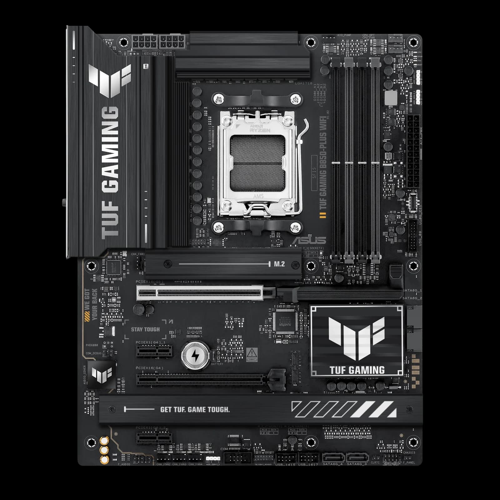 Placa base ASUS TUF Gaming B850-PLUS WiFi vista desde arriba