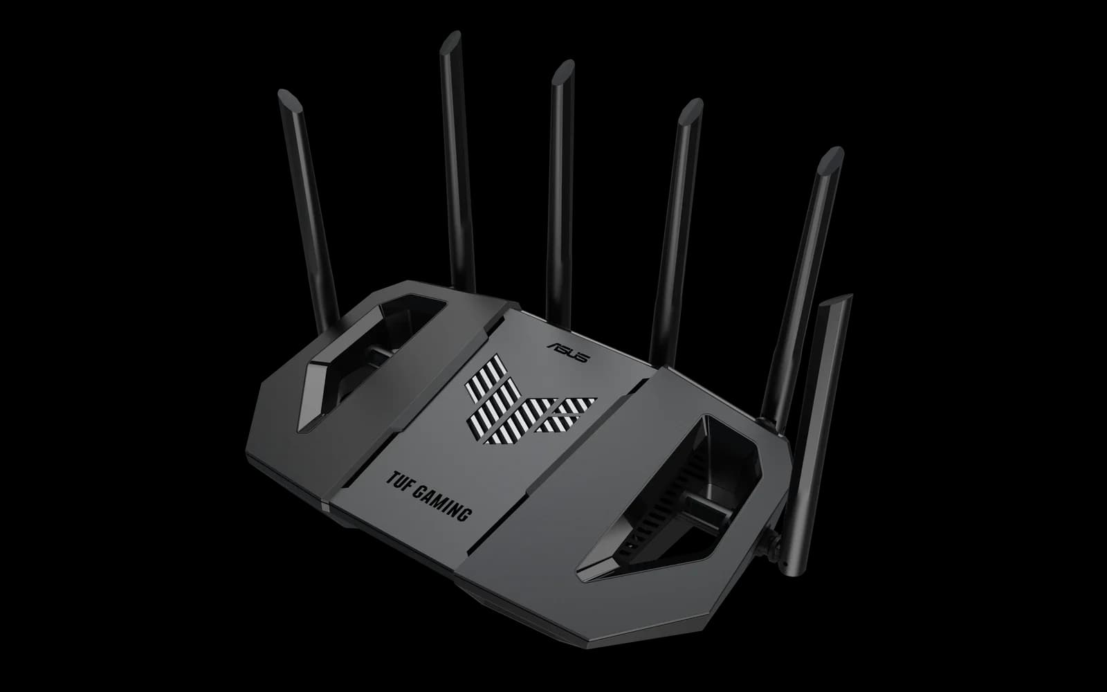 Router ASUS TUF Gaming BE9400 en perspectiva, negro, con sus seis antenas desplegadas