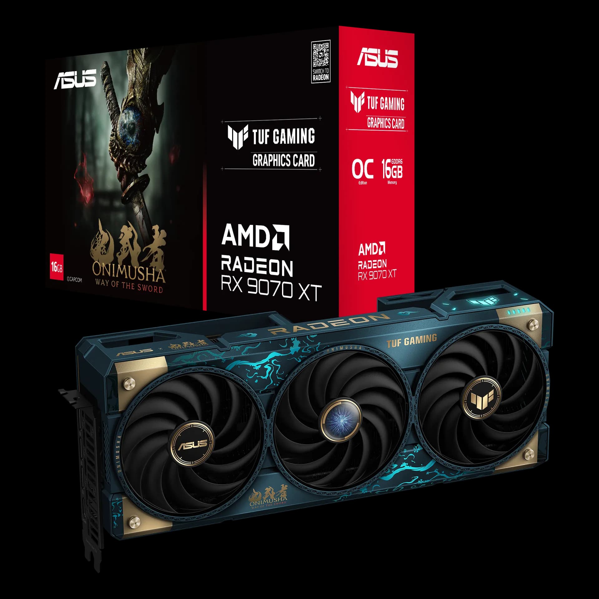 Tarjeta gráfica ASUS TUF Gaming Radeon RX 9070 XT Onimusha Special Edition junto a su caja