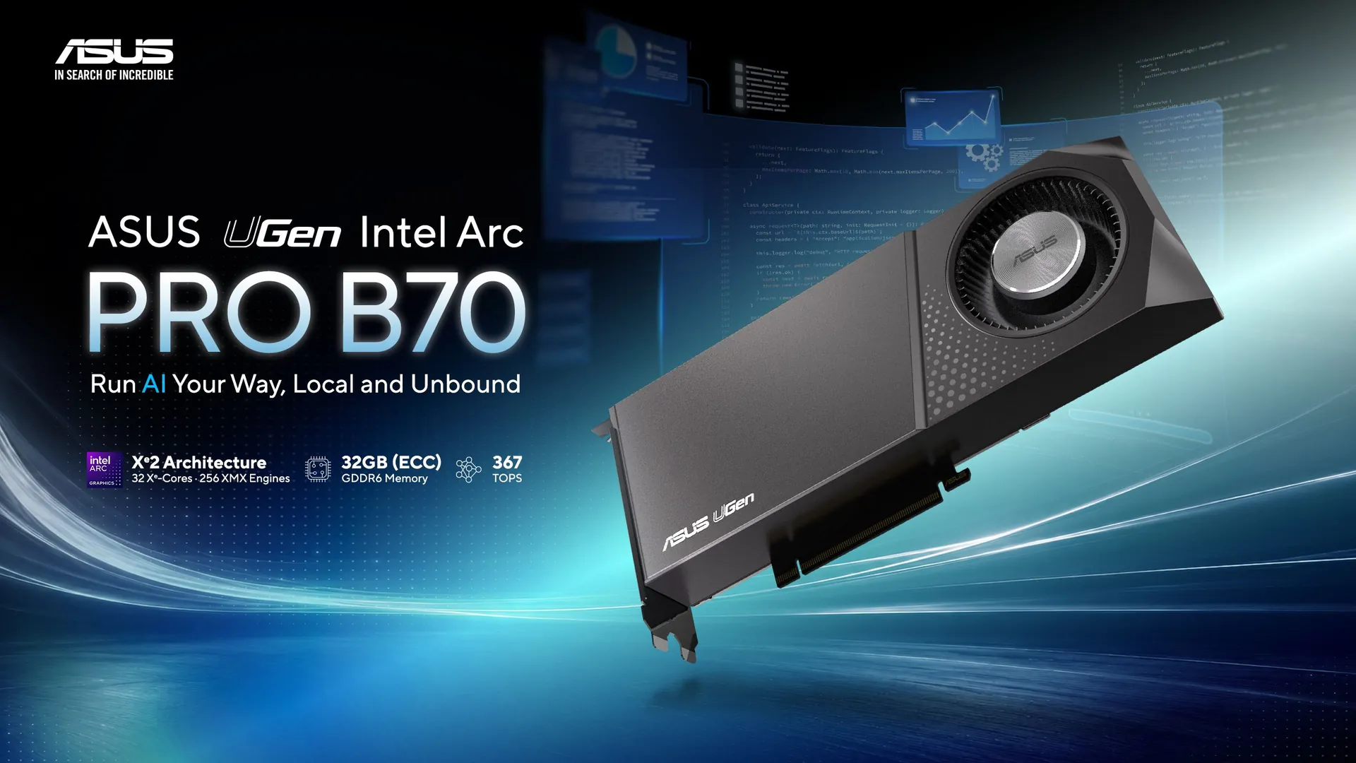 Tarjeta ASUS UGen Intel Arc Pro B70 con ventilador de turbina, imagen oficial de ASUS