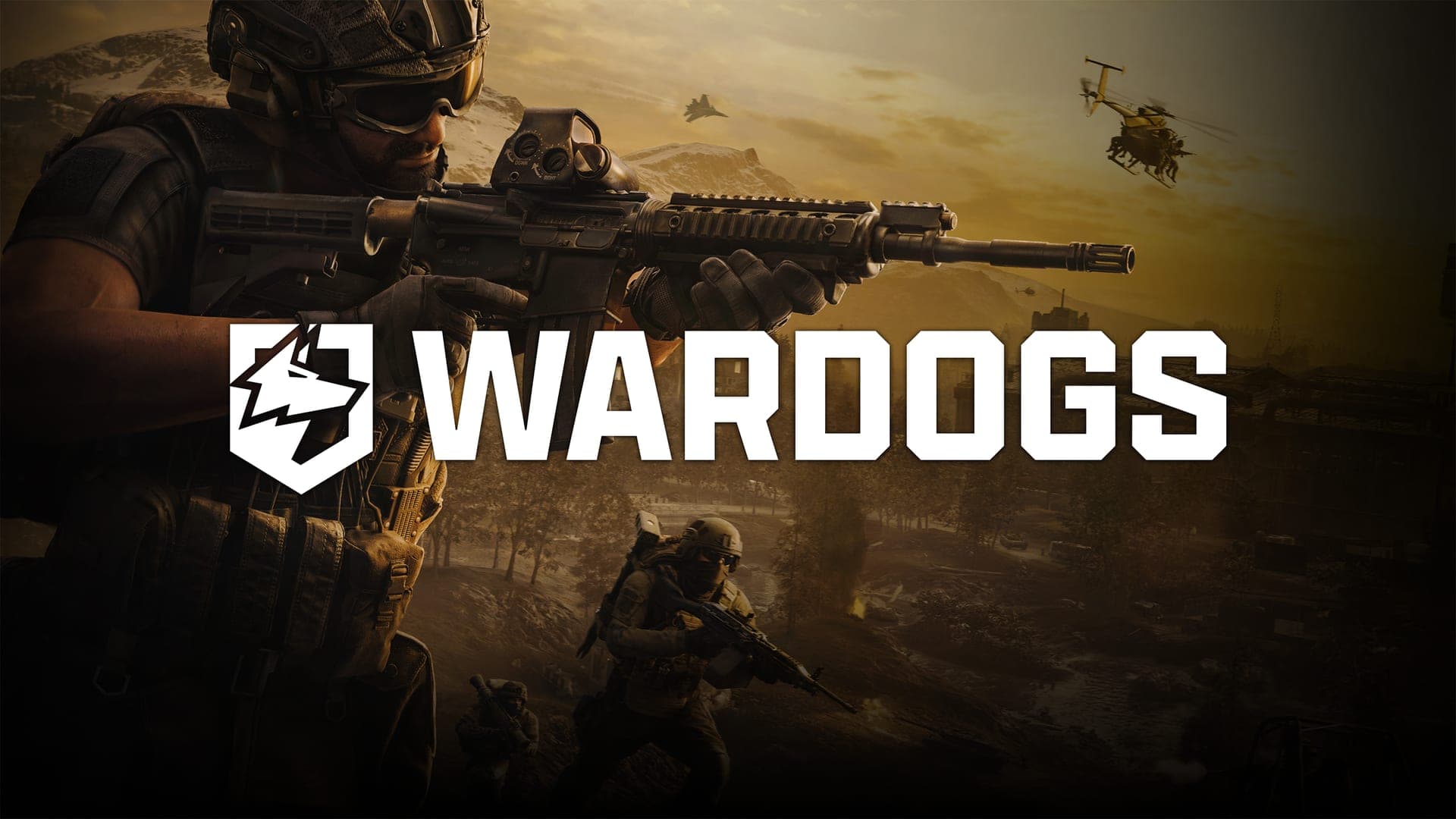 Arte clave de WARDOGS: soldados con fusil y helicópteros sobre el logotipo del juego