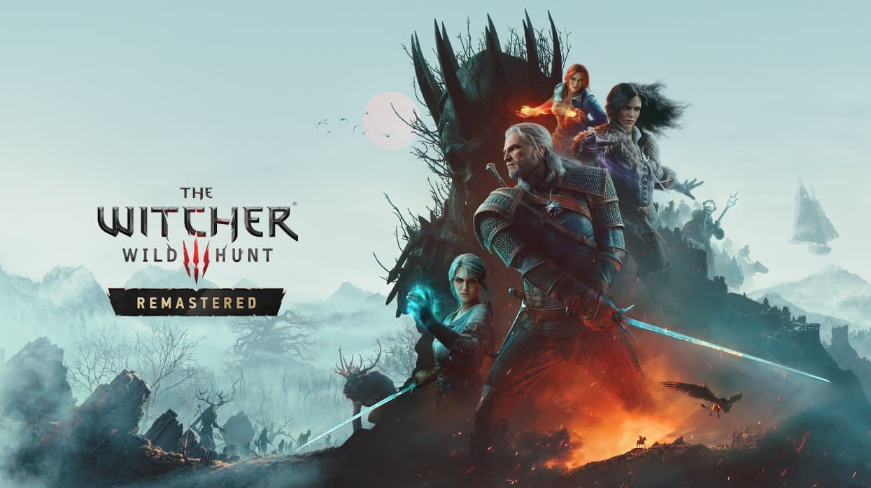 Arte oficial de The Witcher 3 Remastered: Geralt, Ciri, Yennefer y Triss ante una fortaleza, con el logotipo del juego