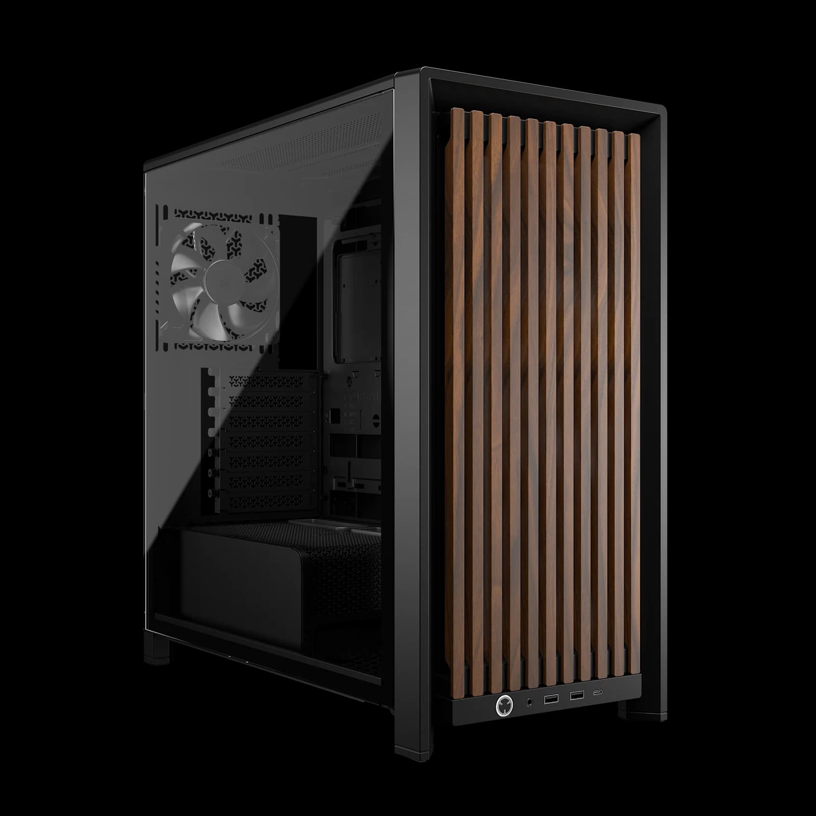 Caja Corsair FRAME 4000D RS Wood negra, con el frontal de listones de nogal y el lateral de cristal