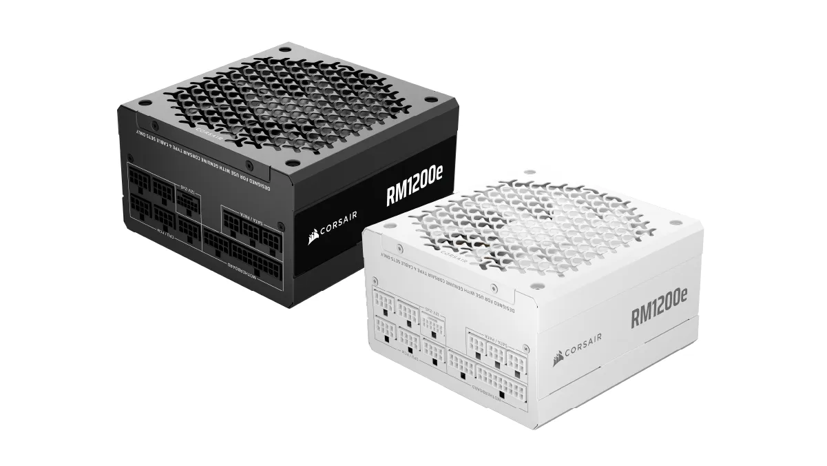 Fuentes de alimentación Corsair RM1200e en negro y blanco, imagen oficial de Corsair