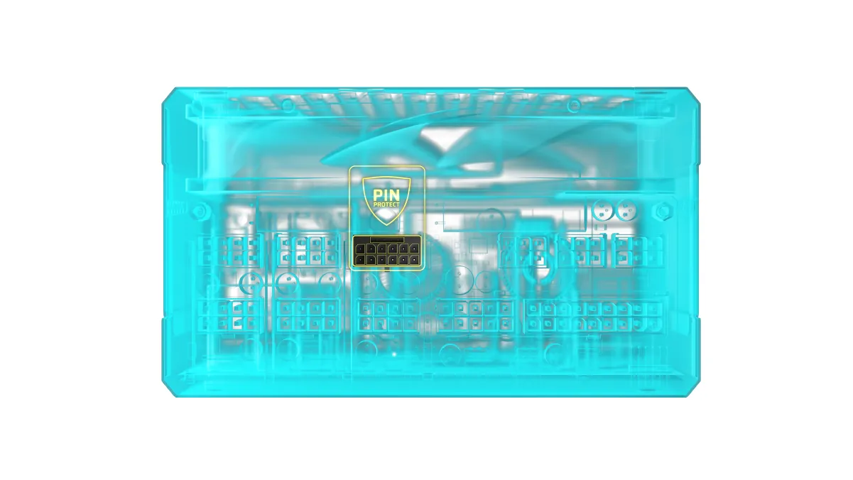 Transparencia de la fuente Corsair RM1200e con el conector 12V-2x6 señalado con el logotipo PinProtect, imagen oficial de Corsair