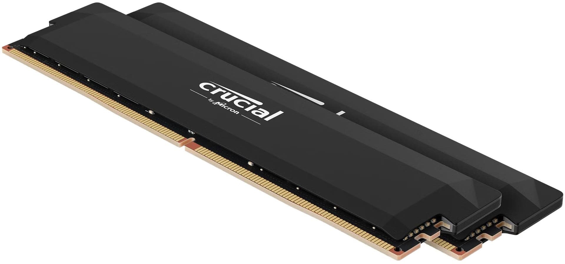 Kit de dos módulos de memoria Crucial Pro DDR5 negros en ángulo