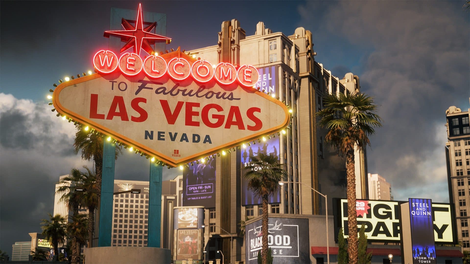 El cartel de bienvenida a Las Vegas entre palmeras y casinos, escenario de la temporada 5 de Battlefield 6