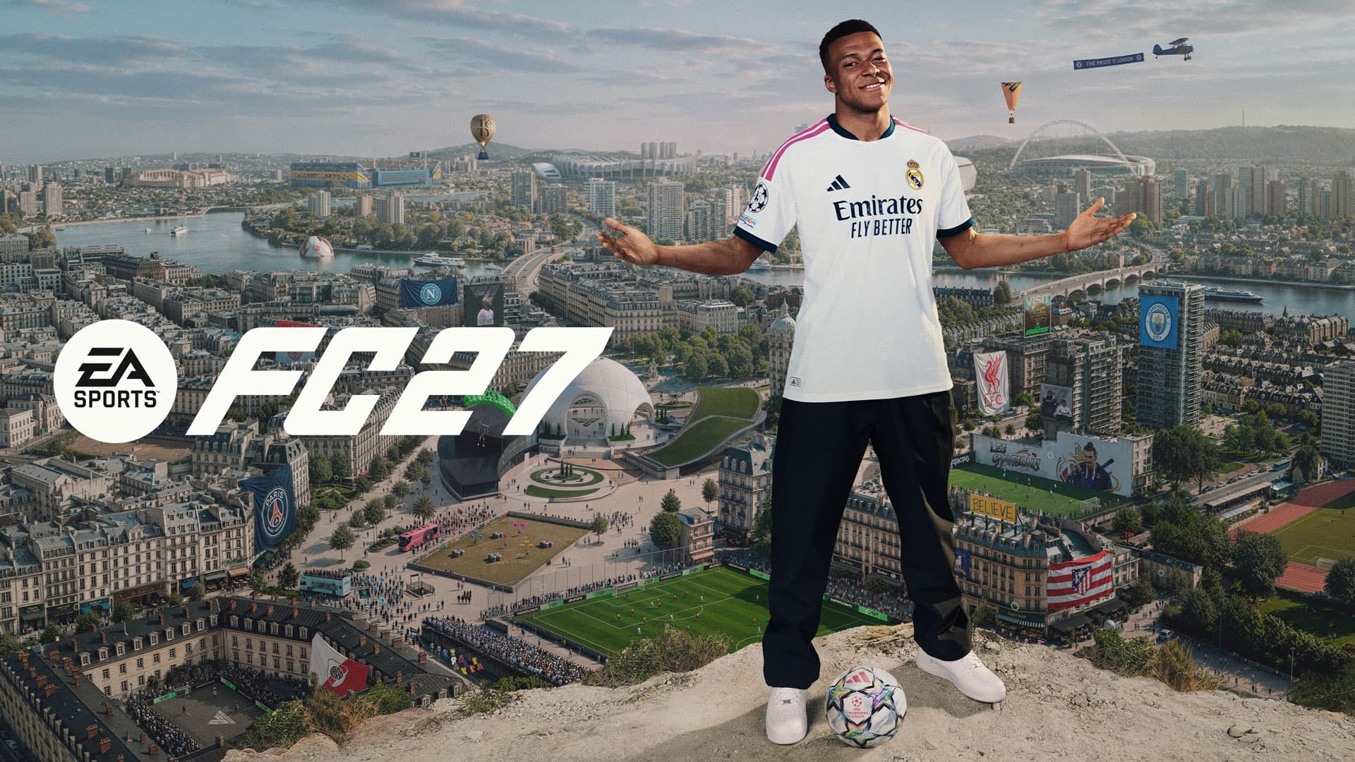 Arte oficial de EA Sports FC 27: Kylian Mbappé, con la camiseta del Real Madrid, sobre una ciudad llena de campos de fútbol
