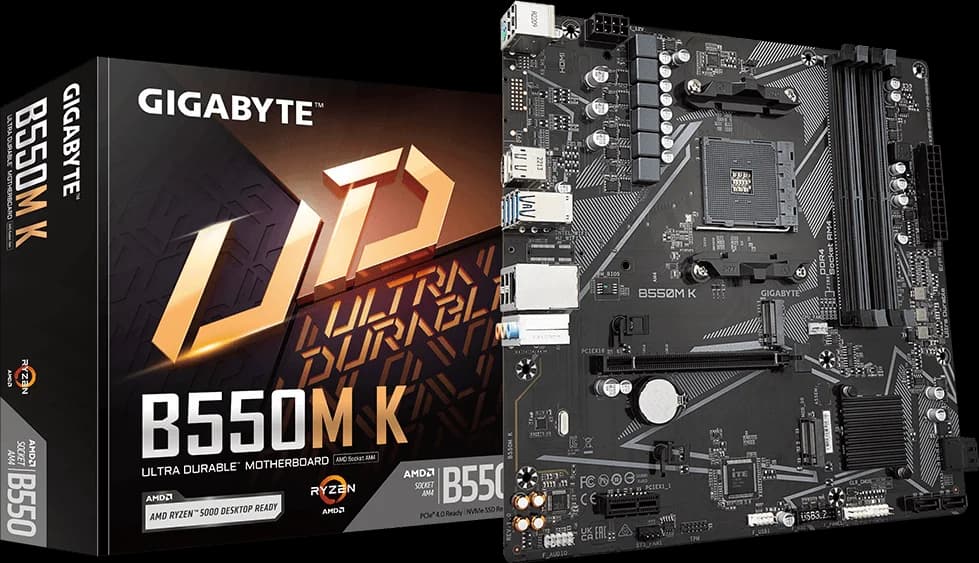 Placa base GIGABYTE B550M K junto a su caja