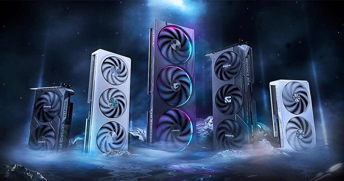 Cinco tarjetas gráficas GeForce RTX 5060 de GIGABYTE de pie sobre un fondo oscuro; la de la izquierda, de dos ventiladores, es la WINDFORCE de esta guía