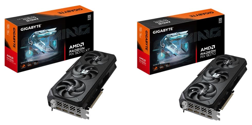Gigabyte Radeon RX 9070 Gaming OC 16 GB junto a su caja, a la derecha; la RX 9070 XT Gaming OC, a la izquierda