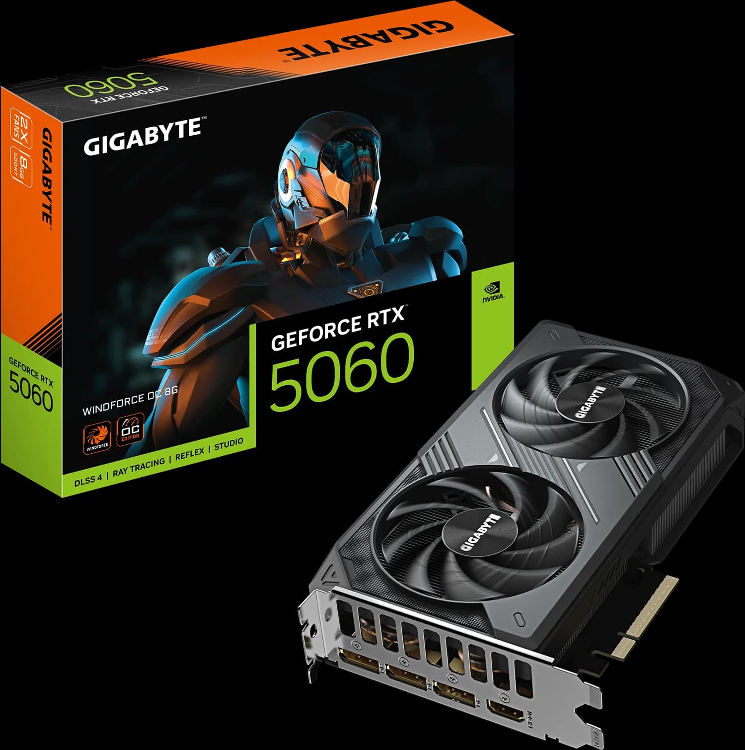 Tarjeta gráfica GIGABYTE GeForce RTX 5060 WINDFORCE OC 8G junto a su caja