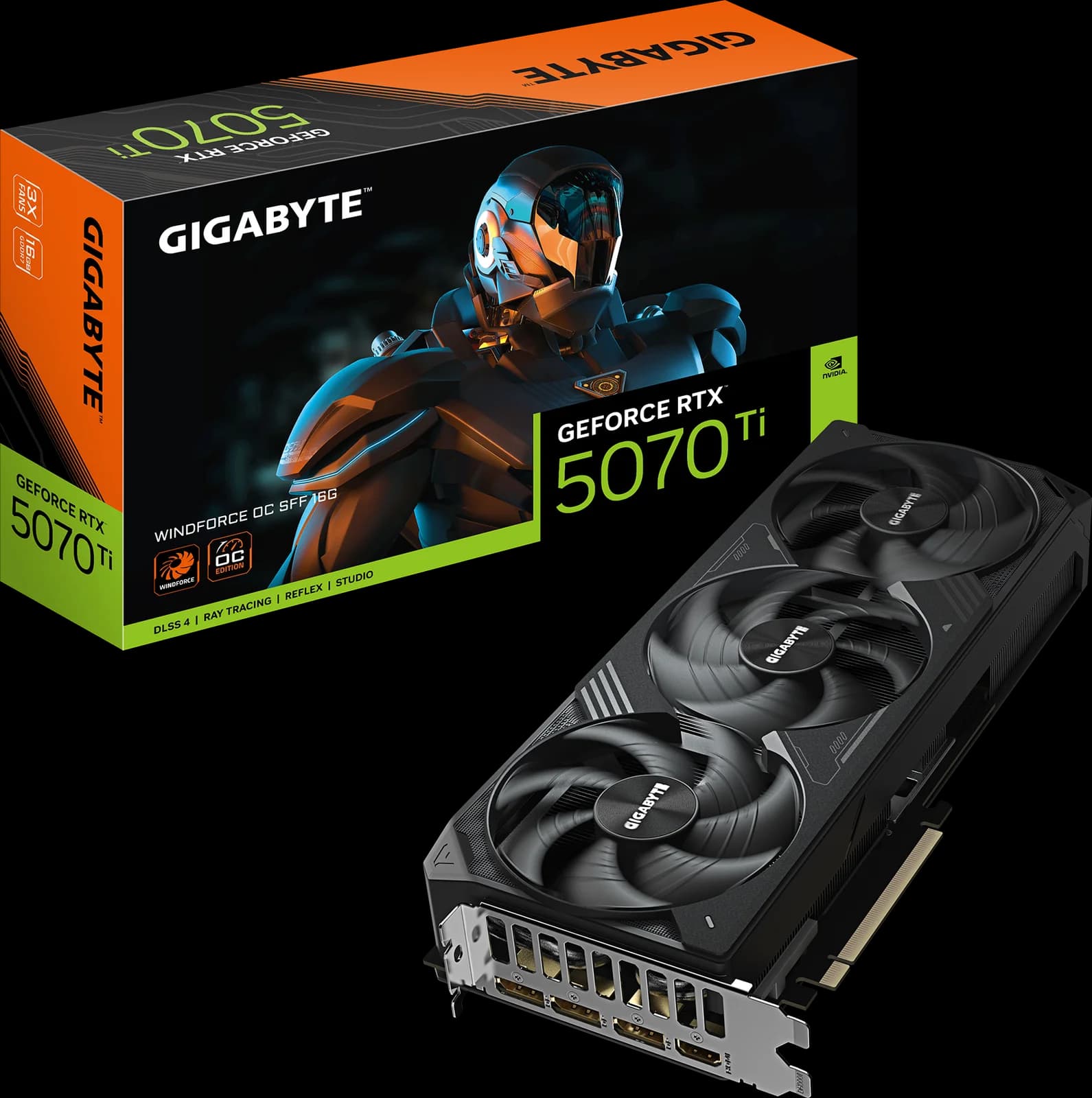 Tarjeta gráfica GIGABYTE GeForce RTX 5070 Ti WINDFORCE OC SFF junto a su caja