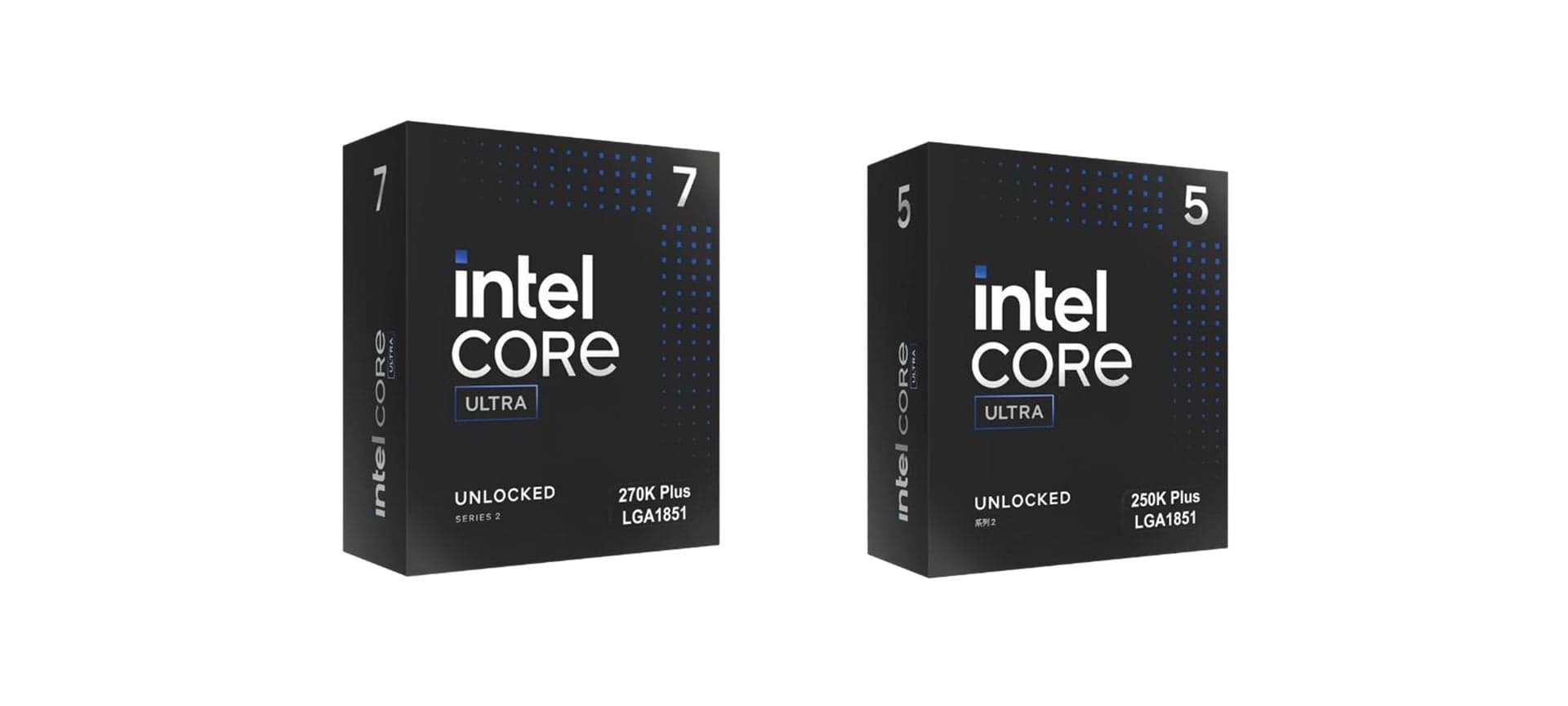 Cajas de los procesadores Intel Core Ultra 7 270K Plus y Core Ultra 5 250K Plus sobre fondo blanco