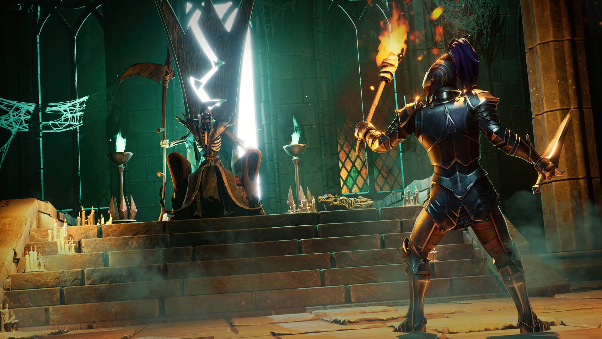 Un jugador con armadura y antorcha frente a un trono en una sala de mazmorra de RuneScape: Dragonwilds