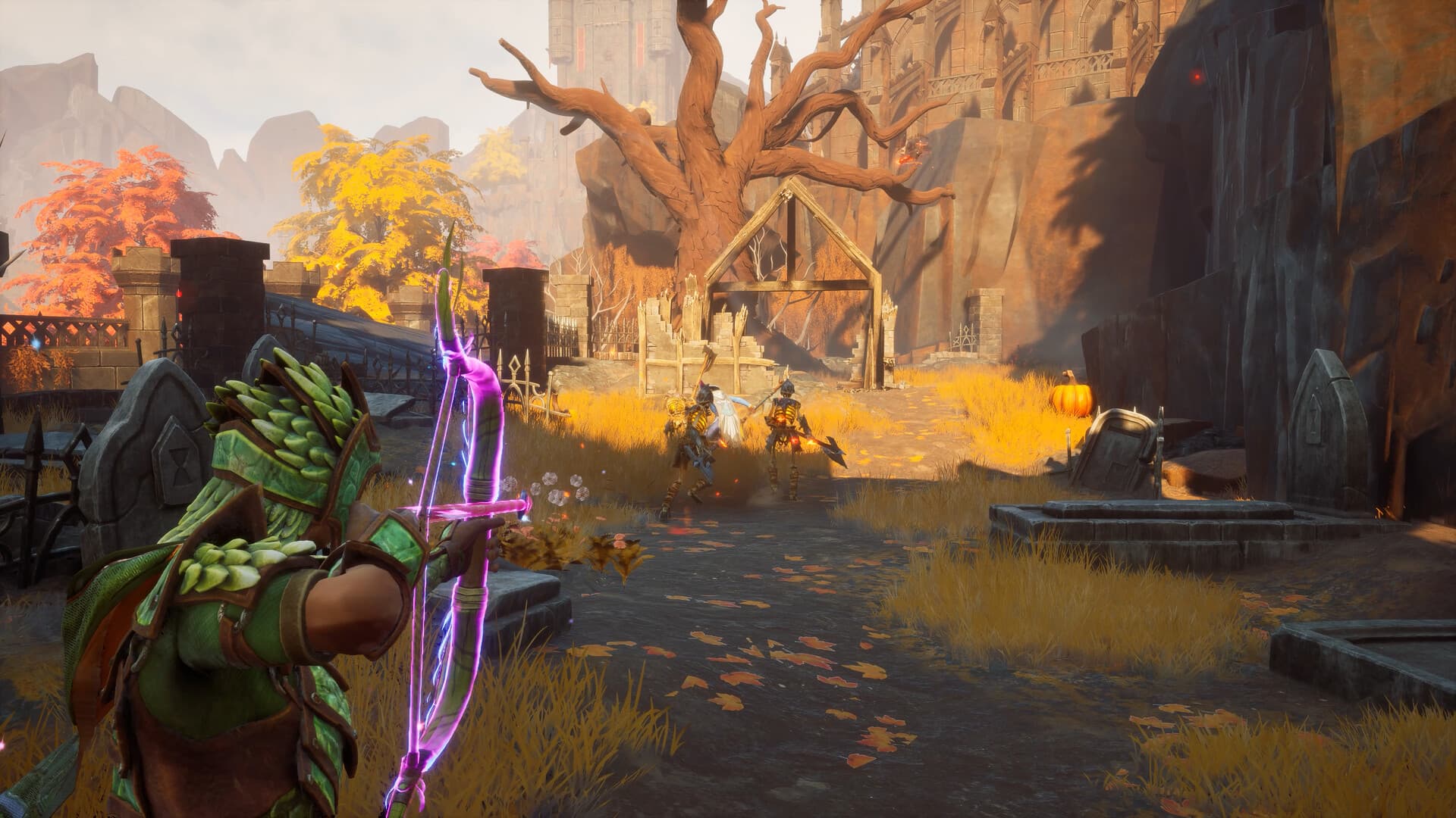 Un arquero con capucha verde tensa un arco con una flecha mágica en un pueblo en ruinas, captura oficial de RuneScape: Dragonwilds