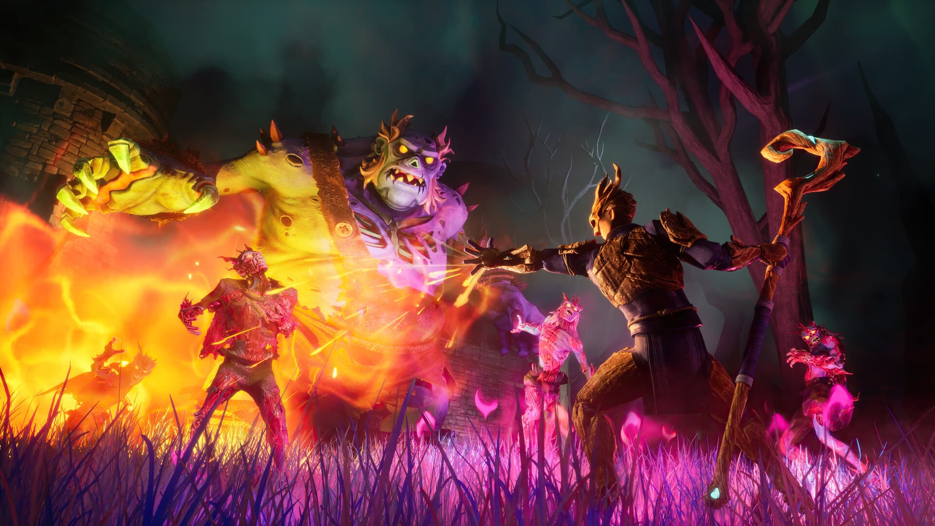 Un mago con bastón lanza fuego contra varias criaturas en un claro de noche en RuneScape: Dragonwilds