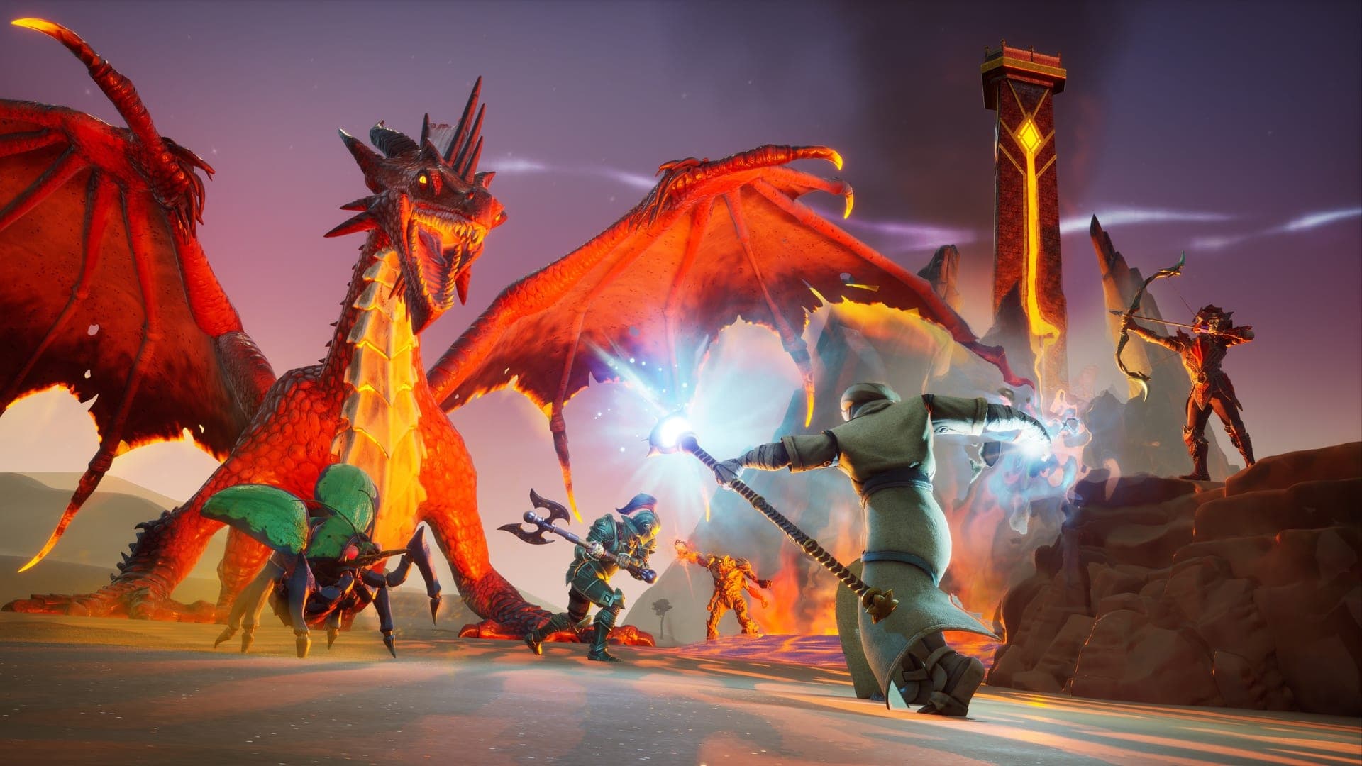Cuatro jugadores en cooperativo combaten a un dragón rojo con magia, arco y armas cuerpo a cuerpo, captura oficial de RuneScape: Dragonwilds