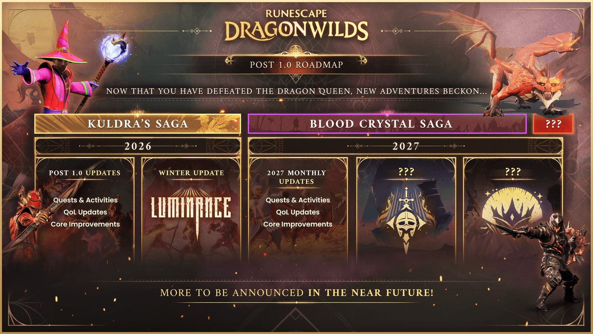Gráfico oficial de la hoja de ruta posterior a la 1.0 de RuneScape: Dragonwilds: saga de Kuldra en 2026 con la actualización Luminance y Blood Crystal Saga en 2027