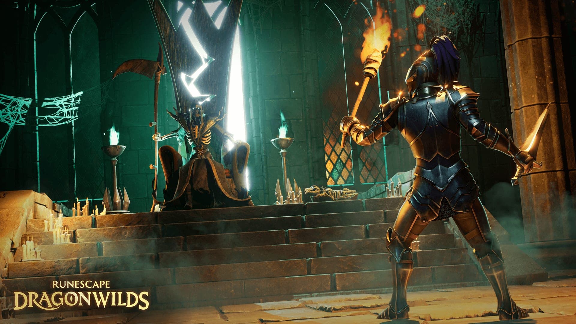 Un jugador con armadura y antorcha en una cripta iluminada de verde, captura oficial de RuneScape: Dragonwilds