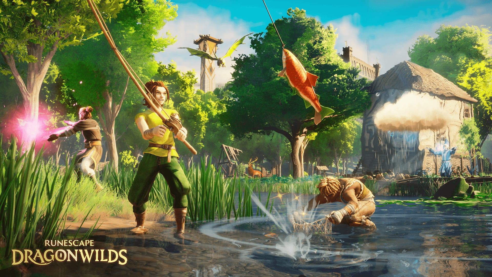 Un jugador pesca con caña en un estanque junto a un molino mientras otro lanza un hechizo, captura oficial de RuneScape: Dragonwilds