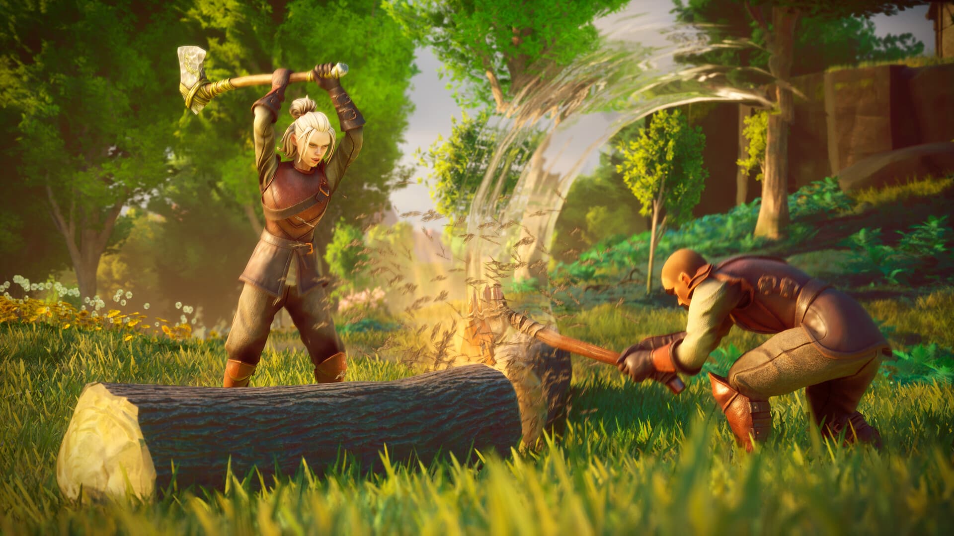 Dos jugadores talan un árbol con hachas en el bosque, captura oficial de RuneScape: Dragonwilds