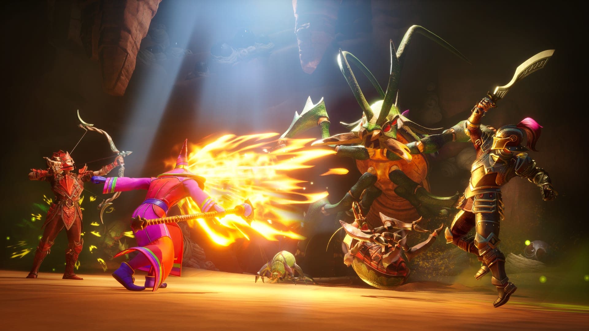 Cuatro jugadores combaten a la Reina Kalphite con fuego y armas en Umbral Sands, captura oficial de RuneScape: Dragonwilds