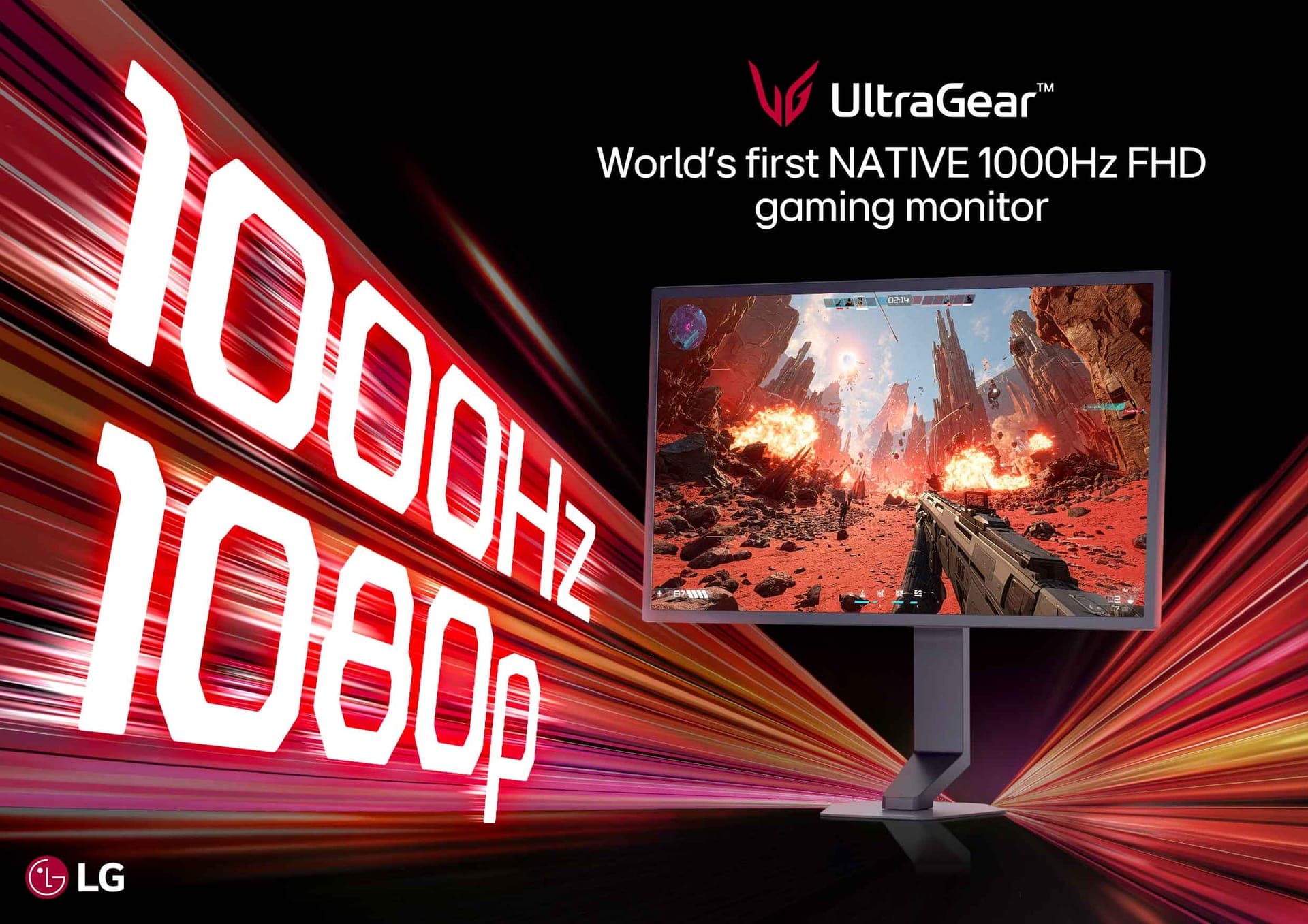 Monitor LG UltraGear 25G590B con un shooter en pantalla y el texto 1000 Hz 1080p, imagen clave de LG