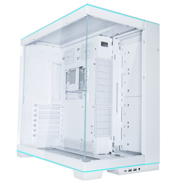 Caja Lian Li O11D EVO RGB blanca, vacía, en ángulo