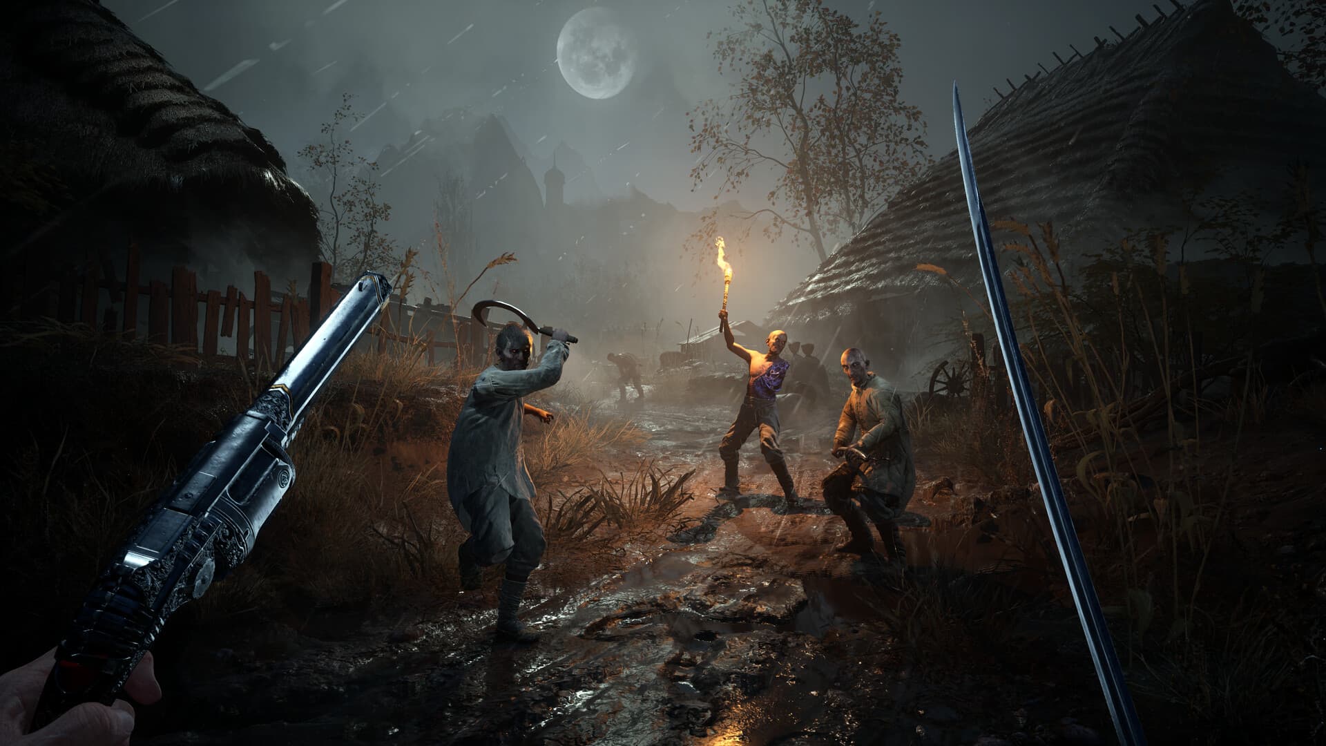Captura de Valor Mortis en primera persona: el protagonista, con pistola y sable, frente a aldeanos con antorchas en una aldea de noche