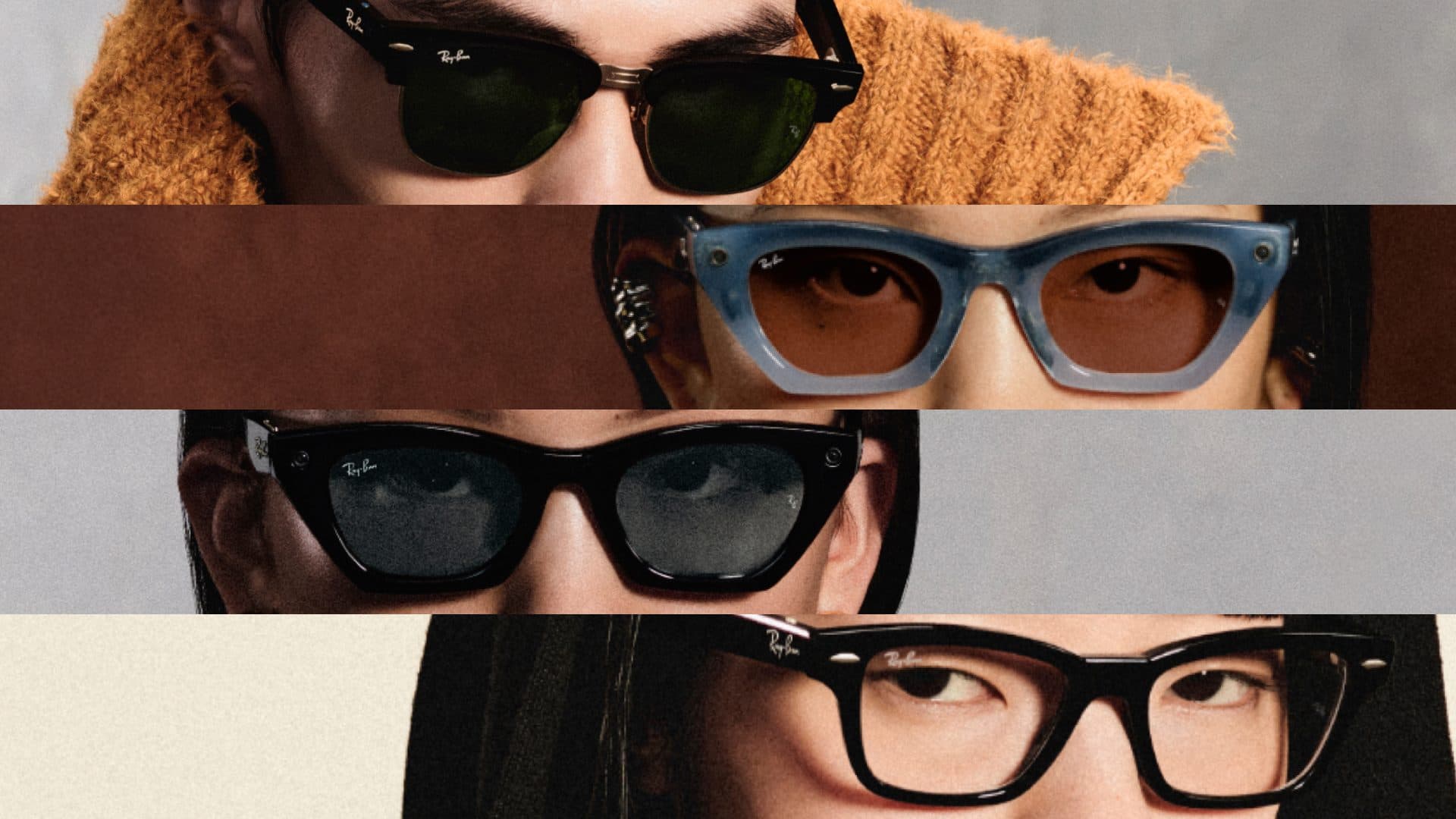 Cuatro personas con distintas monturas de gafas Ray-Ban Meta, en franjas horizontales