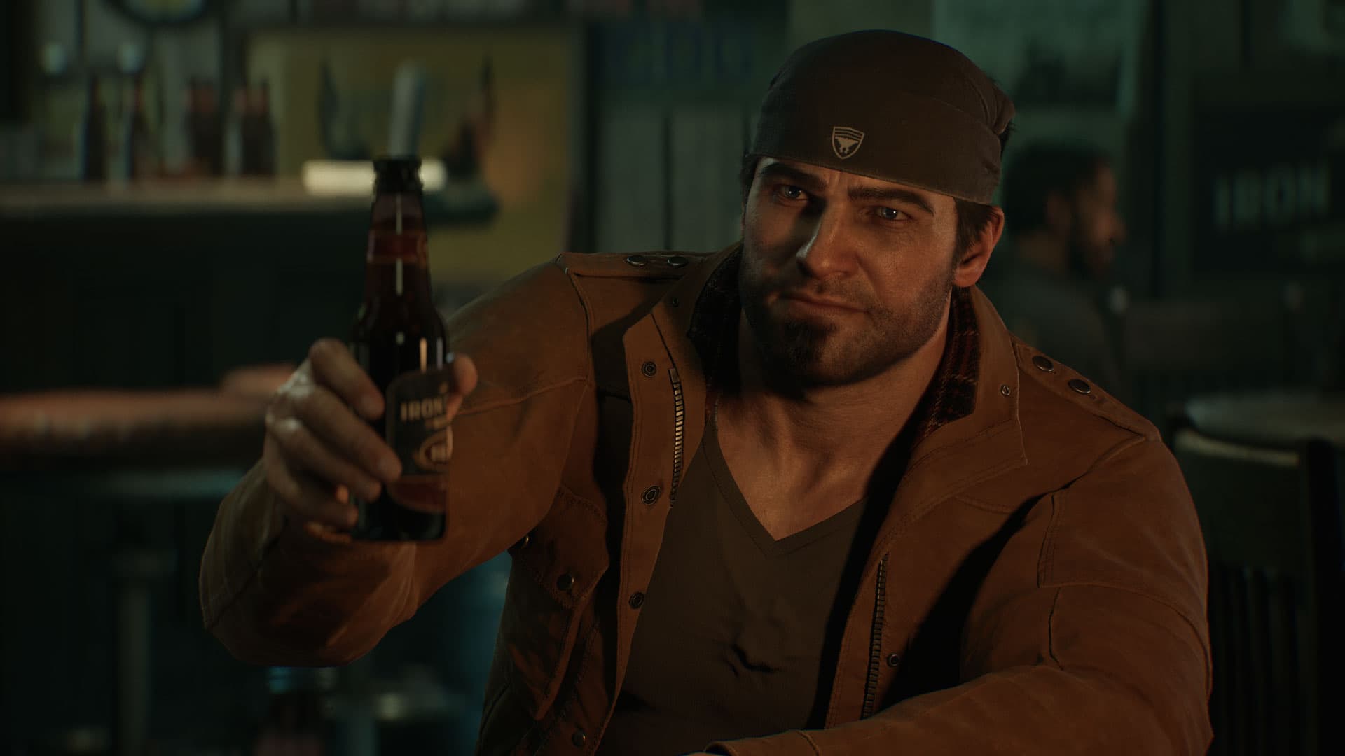 Marcus Fenix, con pañuelo en la cabeza, brinda con una botella en un bar en Gears of War: E-Day