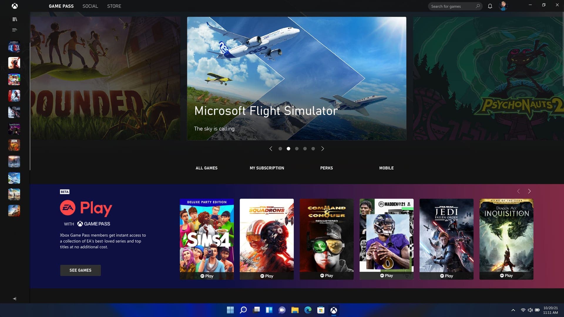 La aplicación de Xbox en Windows 11 mostrando el catálogo de Game Pass