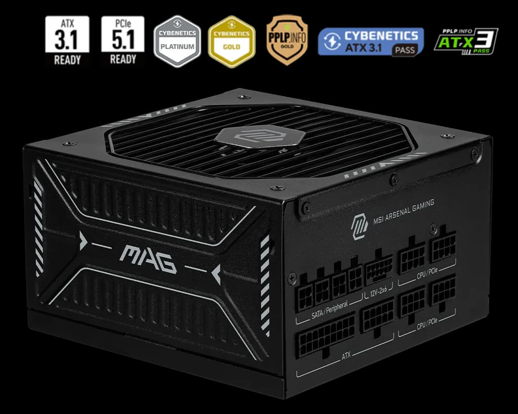 Fuente de alimentación MSI MAG A1000GLS PCIE5 negra, con el panel de conectores modulares